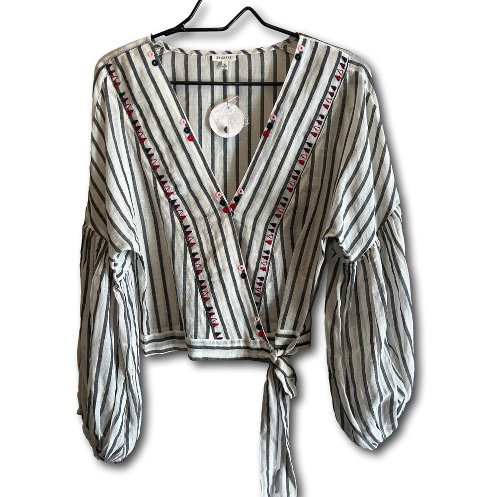 En Crėme Wrap Top ballon sleeves with embroidery Strips Gauze Blouse Size Small